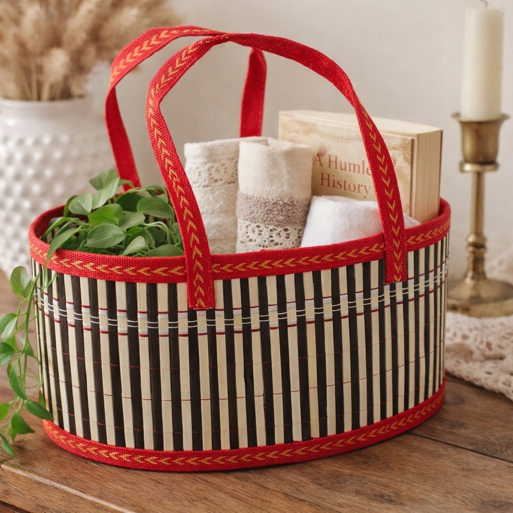 Woven Bamboo Basket with Red Handles | Boho Cottagecore Decor Storage